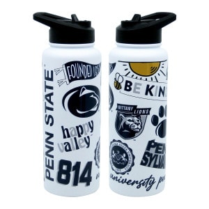 white water bottle with assorted Penn State graphics, flip straw lid